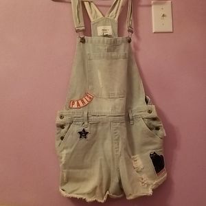 Vintage patched denim overall shorts